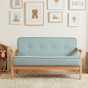 Canapé deux places pour enfants, design scandinave, avec dossier à coussin moelleux, accoudoirs en bois massif, motif lin et revêtement PVC, pour le repos et les repas des enfants - Product Image 1