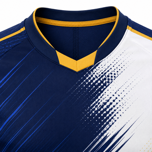 Tenue de football pour homme, bleu marine, blanc, or, imprimé géométrique, manches courtes, tissu respirant, coupe athlétique, toutes saisons - Product Image 4