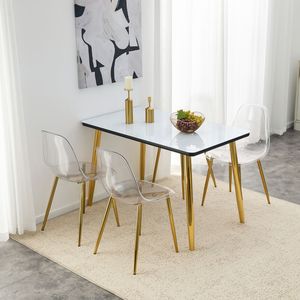 Set di 4 Sedie da Pranzo con Piano in Vetro Effetto Marmo Bianco e Base in MDF, Gambe Affusolate in Metallo Dorato - Product Image 2