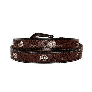 Classic Vintage Style Feather Design Embossed hand carved Western <b>leather</b> <b>tooling</b> <b>belt</b> for unisex with floral engraved buckle - Product Image 6