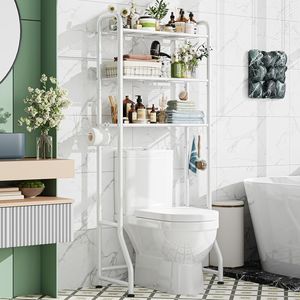 Scaffale Organizzatore da Bagno a 3 Livelli Autoportante con Portarotolo e Ganci, Bianco - Product Image 2