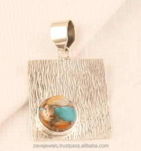 Artesanal texturizado ostra cobre turquesa colgante 925 plata esterlina Bohemia declaración joyería - Product Image 2