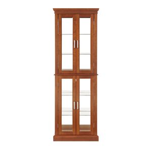 <b>Walnut</b> 6-Tier Lighted Curio Display Cabinet with Tempered Glass Doors & Adjustable Shelves <b>Mirrored</b> Back Panel - Product Image 5