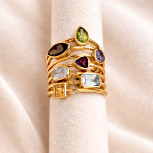 แหวนทองเหลืองชุบทองประดับพลอยธรรมชาติหลายชนิด ปรับขนาดได้ งานแฮนด์เมด ดีไซน์หลายชั้น สำหรับผู้หญิง ขายส่ง - Product Image 5