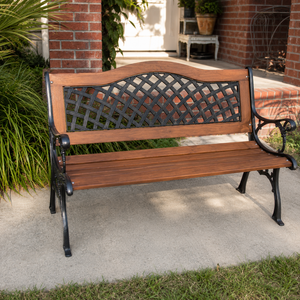 Honey Wood Garden <b>Bench</b> Black <b>Metal</b> Lattice Back Outdoor Patio Lawn Seating Decorative Park Furniture Premium Style - Product Image 1
