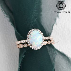 Charm_Jewells Women's Rose <b>Gold</b> Plated Oval <b>Opal</b> Engagement <b>Ring</b> Pave Setting Romantic Style - Product Image 1