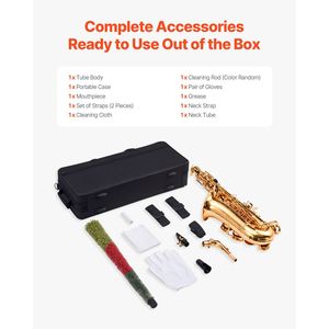 Kit de débutant pour saxophone alto Mi bémol comprenant étui de transport, embouchure, sangles, chiffon de nettoyage, bâtonnet, gants, graisse - Tout en laiton - Product Image 6