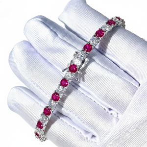 Bracelet tennis 2,5 mm en or blanc massif 10 carats plaqué rhodium, bicolore, style hip-hop, entièrement serti de moissanite rouge VVS et de rubis synthétiques - Product Image 1