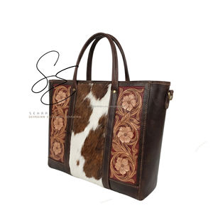 Bolso Tote de Cuero Vacuno Marrón con Diseño Floral Rojo, Hecho a Mano, de Cuero Genuino, con Asa Superior, Bolso Cruzado de Viaje para Mujer - Product Image 2