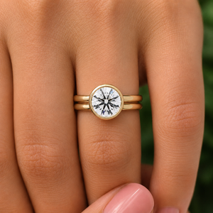 Round Bezel <b>Solitaire</b> Dual Bridal Wedding Band Set 14K 18K Yellow Gold 3.00 CT IGI Certified Lab Grown Diamond Wholesale Jewelry - Product Image 2