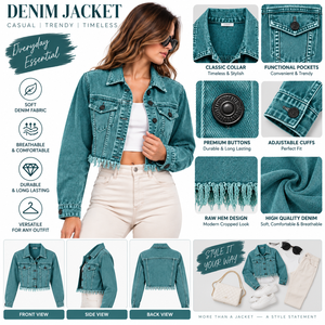 Women's Teal Denim <b>Trucker</b> <b>Jacket</b> With Fringed Hem Long Sleeve Turn-down Collar Cropped Fit Spring Wear - Product Image 3