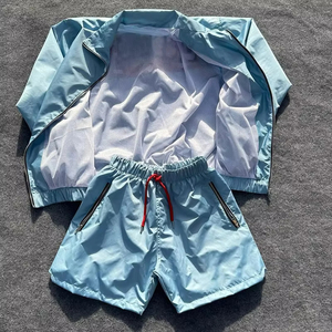 Ensemble de survêtement bleu clair pour femmes, manches longues, fermeture éclair, short sportif, séchage rapide, léger, ensemble d'été, couleur unie, coupe ample - Product Image 2