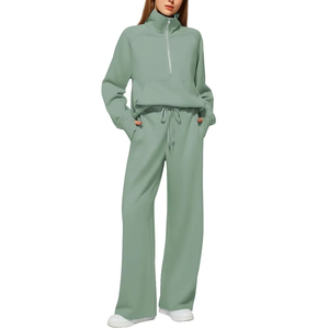 Women's White Cotton <b>Tracksuit</b> Full Length Loose Fit Half-Zip Sweatshirt With Drawstring Pants Side Pockets Casual Spring Wear - Product Image 3