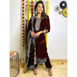 ผ้ากำมะหยี่ปักลาย zari เสื้อใส่ทำงานเป็นวังพร้อมสีน้ำตาลแดง - Product Image 1