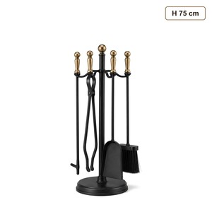 Ensemble d'outils de cheminée en fer forgé 5 pièces, poignées en laiton noir, design moderne du milieu du siècle, écologique, durable, léger, pour usage extérieur - Product Image 1