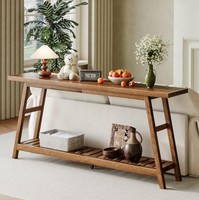 Console moderne en bois massif avec étagère de rangement et base en tréteaux pour entrée et salon