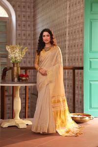Sari en tissu de lin doré avec pièce de tissu pour la blouse, pour femmes, tenue traditionnelle indienne pour mariage - Product Image 2