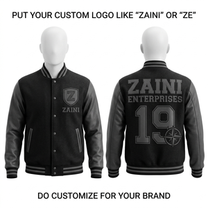 Chaqueta Varsity de Lana Melton de 450 GSM, Negra y Gris, con Mangas de Cuero PU y Paneles de Ribete, Logotipo Personalizado, Estilo Letterman - Product Image 1