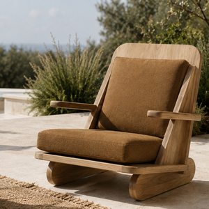 Fauteuil de relaxation en teck massif avec coussin brun, mobilier d'extérieur de luxe pour jardin, hôtel, resort, villa et terrasse - Product Image 1