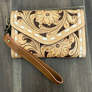 Low Price Fashionable Western Style Genuine Cowhide Leather Cowgirl Wallet Floral Pattern <b>Wristlet</b> Clutch for Travel Organizer - Product Image 5