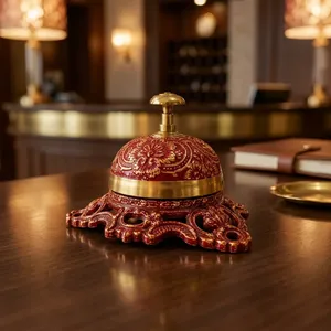 Cloche de service en laiton, cloche de réception décorative avec motif floral en émail rouge, cloche de table de style antique pour hôtel, bureau - Product Image 4