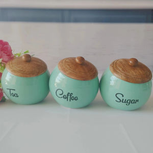Juego de Recipientes Redondos Retro para Cocina con Tapa de Madera, Acabado Liso y Brillante, Elegante Organizador de Encimera, Contenedor para Té, Café y Azúcar - Product Image 1