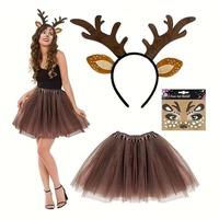 Ensemble de Noël pour adulte : serre-tête en forme de bois de renne, tutu, chaussettes, robe, coiffe de fête et ensemble d'autocollants pour le visage