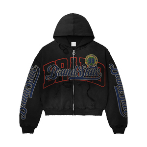 เสื้อฮู้ดดี้ OEM ODM แบรนด์ส่วนตัว ล้างสีแบบแอซิดวอช มีซิป ฮู้ดดี้พิมพ์ลายโลโก้แบบดิสเทรส ผ้าคอตตอนหนานุ่ม ทรงโอเวอร์ไซส์ สไตล์สตรีทแวร์ - Product Image 2