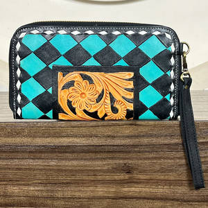 New Fashion Hand Tooled Leather <b>Clutch</b> Purse Checkered Pattern Super September Credit Card Holder For Women's <b>Wallet</b> Daily - Product Image 4