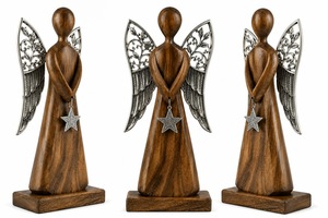 Figurine d'ange en bois faite à la main avec ailes argentées et pendentif étoile, décoration de Noël pour table de salon - Product Image 4