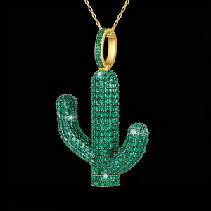 Pendentif Cactus en Zircon Vert de Laboratoire Plaqué Or 14K, Collier Hiphop Micro-Pavé en Forme de Plante, Breloque Certifiée IGI, Unisexe - Product Image 3