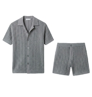 Setelan Kemeja Pendek Rajut Katun Kasual Pria, Kancing Depan, Warna Solid, Pewarnaan Polos, Kualitas Tinggi, Bahan Bernapas, Pakaian Musim Panas