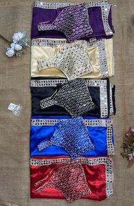 Sari de seda satinada con bordado de diseñador y trabajo de espejos reales, con pieza de blusa sin coser de seda satinada con trabajo de espejos reales. - Product Image 6