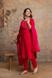 Premium Rani Pink 60x60 Cotton Handwork Suit Set with Embroidered Straight <b>Kurta</b> Matching Pants and Dupatta for <b>Women</b> - Product Image 2