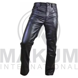 Pantalon en cuir noir pour homme, taille haute, coupe droite, style motard, fermeture boutonnée, pour l'hiver - Product Image 4