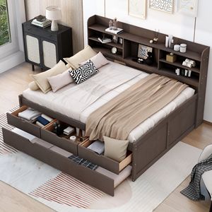 Cama de Capitán de Madera Gris Antigua de Tamaño Completo con Estanterías Integradas y Cama Nido con Tres Cajones de Almacenamiento - Product Image 1