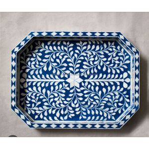 Plateau de service octogonal en bois avec incrustations florales bleues, design classique de Jaipur, artisanat naturel, fabriqué à la main avec soin - Product Image 6