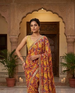 Stylish Women's Yellow <b>Orange</b> Printed <b>Saree</b> With Embroidery And Mirror Work Traditional Indian Wedding And Party Wear - Product Image 2
