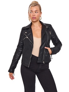 Women's <b>Cropped</b> Sheep Skin PU Eco-Friendly Waterproof Biker <b>Jacket</b> Zipper Closure Stand Collar Full Sleeve Moto Style Autumn - Product Image 3