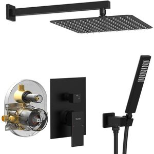 Set Doccia Nero Opaco Maschile NPT con Soffione a Pioggia da 12 Pollici e Doccetta Rettangolare, Set Rubinetteria Elegante per Bagno - Product Image 1