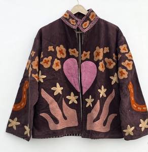 Hand Embroidered Corduroy <b>Jacket</b> <b>Mandarin</b> <b>Collar</b> Full Sleeve Floral Pattern Pink Hearts Autumn Women's Coat Wholesale <b>Jackets</b> - Product Image 2