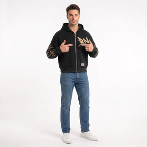 Sudadera con capucha negra con cremallera para hombre, estampado Chucky, corte regular oversize, estilo urbano, de algodón y felpa, para otoño, 2 piezas - Product Image 6
