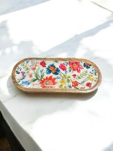 Oval Wooden Serving <b>Plate</b> With Handpainted Floral Design Bohemian Style Plant Pattern <b>Decorative</b> Dish - Product Image 1
