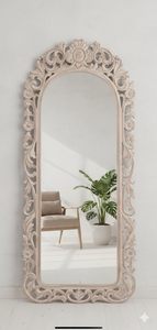 Miroir sur pied décoratif vintage en bois sculpté, pleine longueur, style antique classique bohème, design ferme, pour chambre à coucher - Product Image 3
