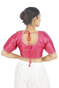 Pink Formal Embroidered Yarn Dyed Blouse for Women Woven Short Sleeve Square Neck <b>Crop</b> <b>Top</b> for Wedding Party - Product Image 3