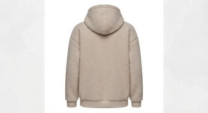 Beige <b>Sherpa</b> <b>Lined</b> Hoodie Pullover Sweatshirt with Front Logo and Pocket Oversized Fit for Winter Casual Wear - Product Image 2