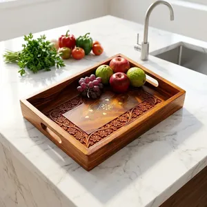 Modern Bamboo Serving Tray Handles Handcrafted Brass Inlay Rectangular Eco-Friendly Breakfast Tea Coffee Snack for Home Kitchen - Product Image 2