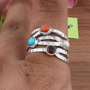 Bague de mariage côtière pour femme en argent sterling 925 avec sertissage clos corail turquoise et pierres précieuses multiples, vente en gros - Product Image 1