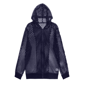 Hooded Mesh Zipper Jacket Unisex Solid <b>Navy</b> Blue Full Sleeve Breathable Polyester Summer Adult Regular Fit - Product Image 6