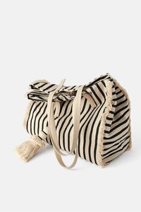 Sac fourre-tout en toile rayée avec pompon, style bohème, ouverture supérieure, sac à bandoulière pour femme, pour le shopping et l'usage quotidien, 100% toile de coton - Product Image 3